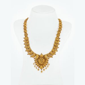 Antique Gold Temple Necklace with Peacock and Goddess Motif